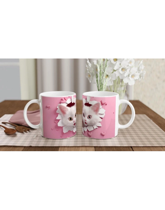 Kalp Çatlaktan Bakan İki Sevimli Kedi Temalı Baskılı Kupa Bardak