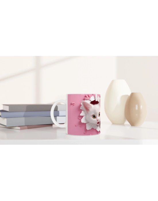 Kalp Çatlaktan Bakan İki Sevimli Kedi Temalı Baskılı Kupa Bardak