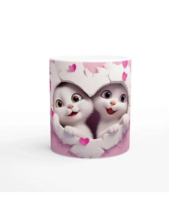 Kalp Çatlaktan Bakan Neşeli Kedi Çifti Temalı Baskılı Kupa Bardak
