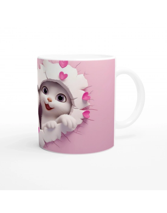 Kalp Çatlaktan Bakan Neşeli Kedi Çifti Temalı Baskılı Kupa Bardak