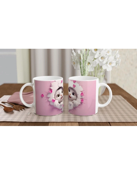 Kalp Çatlaktan Bakan Neşeli Kedi Çifti Temalı Baskılı Kupa Bardak