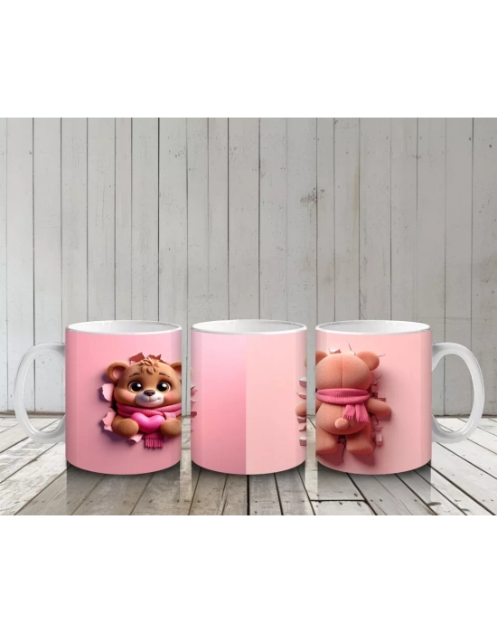 Kalp Çerçeveli Ayıcık ve Kalpli Ayıcık – Çift Taraflı Baskılı Kupa Bardak