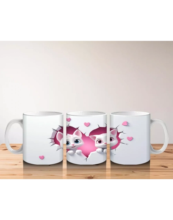 Kalp Çerçevesinden Bakan İki Sevimli Kedi – Baskılı Kahve Kupası