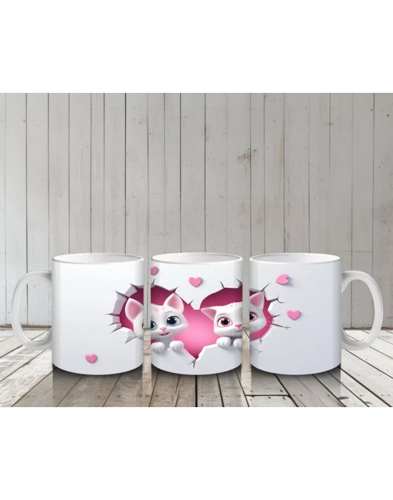 Kalp Çerçevesinden Bakan İki Sevimli Kedi – Baskılı Kahve Kupası