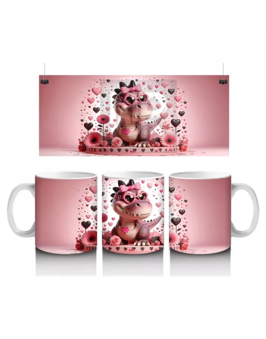 Kalp Desenli Arka Planda Pembe Dinozor Figürü - Baskılı kahve kupası