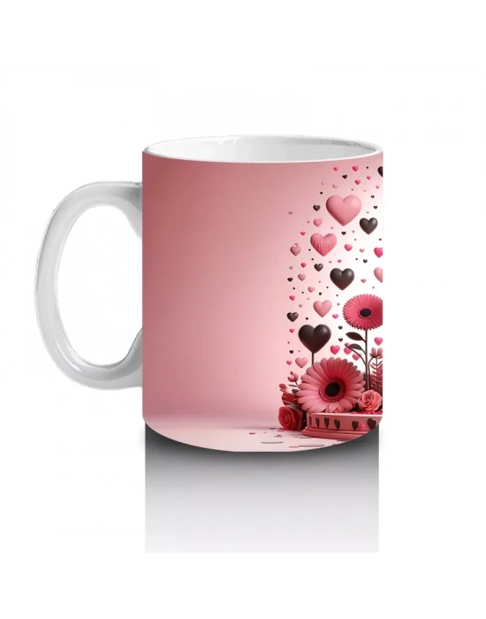 Kalp Desenli Arka Planda Pembe Dinozor Figürü - Baskılı kahve kupası