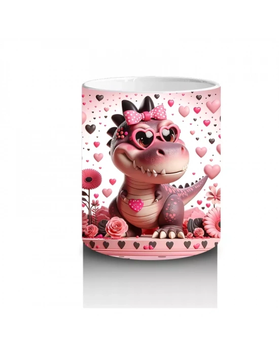 Kalp Desenli Arka Planda Pembe Dinozor Figürü - Baskılı kahve kupası