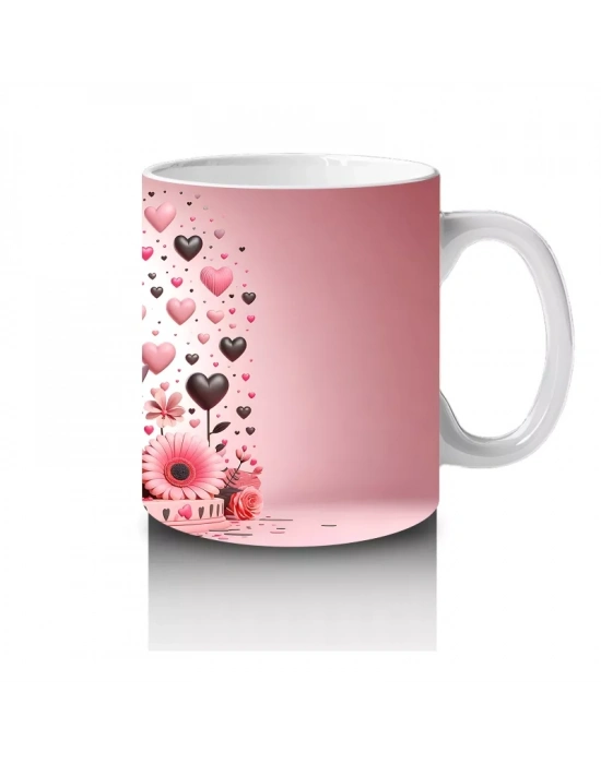 Kalp Desenli Arka Planda Pembe Dinozor Figürü - Baskılı kahve kupası