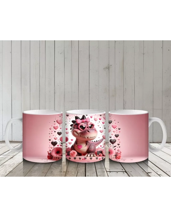 Kalp Desenli Arka Planda Pembe Dinozor Figürü - Baskılı kahve kupası