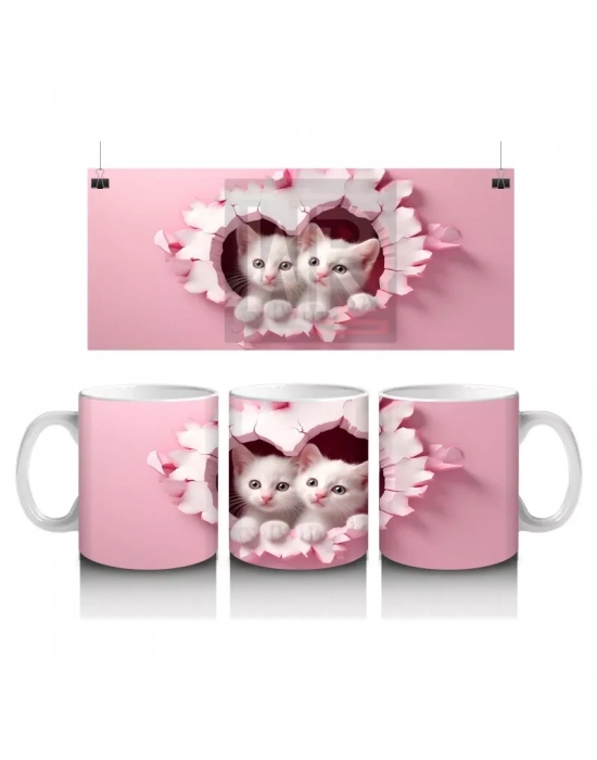 Kalp Desenli Çatlakta İkiz Beyaz Kedi – Baskılı Kahve Kupası