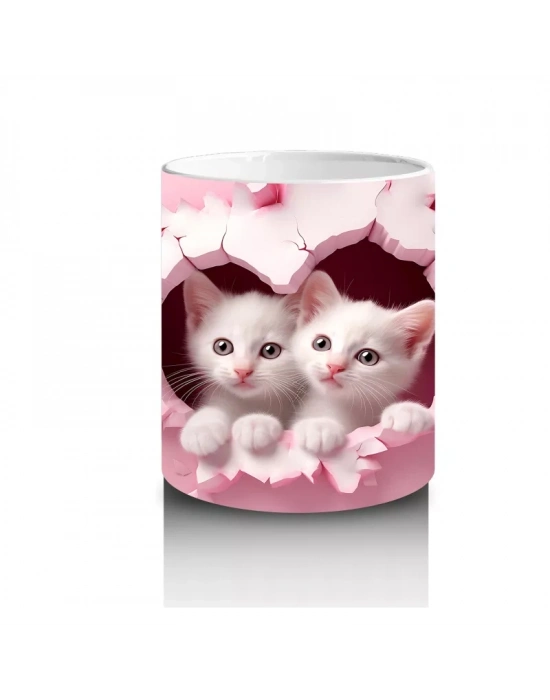 Kalp Desenli Çatlakta İkiz Beyaz Kedi – Baskılı Kahve Kupası