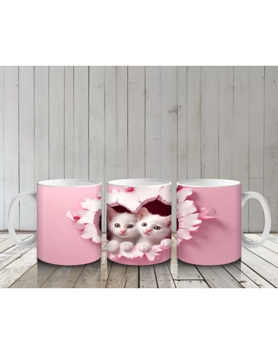 Kalp Desenli Çatlakta İkiz Beyaz Kedi – Baskılı Kahve Kupası