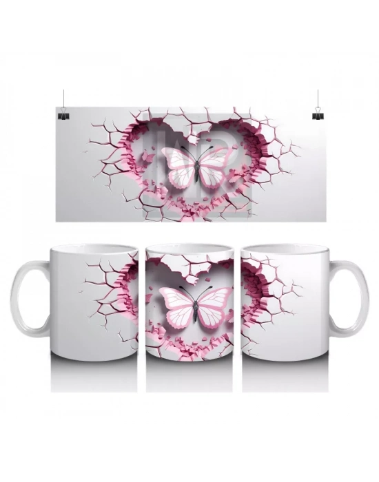Kalp Desenli Duvarı Delen Pembe Kelebek – Baskılı Kahve Kupası