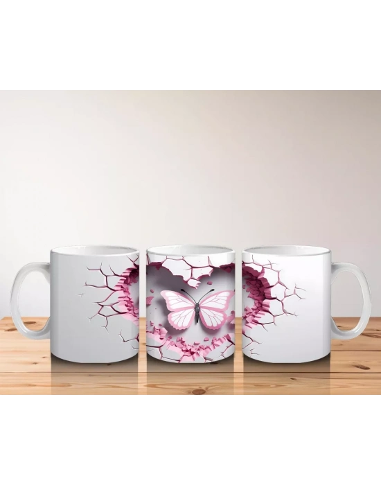Kalp Desenli Duvarı Delen Pembe Kelebek – Baskılı Kahve Kupası
