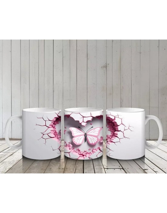 Kalp Desenli Duvarı Delen Pembe Kelebek – Baskılı Kahve Kupası