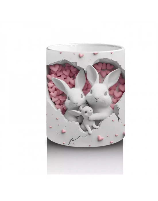 Kalp Desenli Fon Arasında Bakan İkiz Tavşan – Baskılı Kahve Kupası