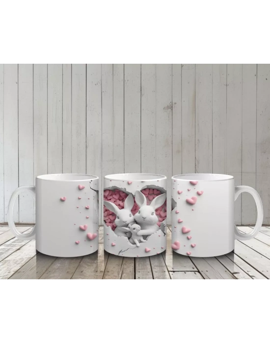 Kalp Desenli Fon Arasında Bakan İkiz Tavşan – Baskılı Kahve Kupası