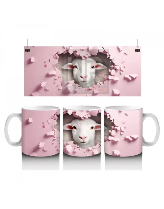 Kalp Desenli Fon Üzerinde Bakan Kuzu – Baskılı Kahve Kupası