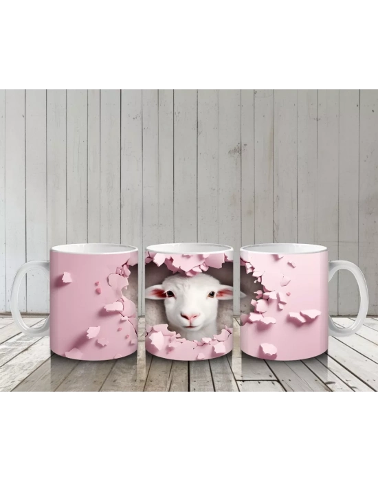 Kalp Desenli Fon Üzerinde Bakan Kuzu – Baskılı Kahve Kupası