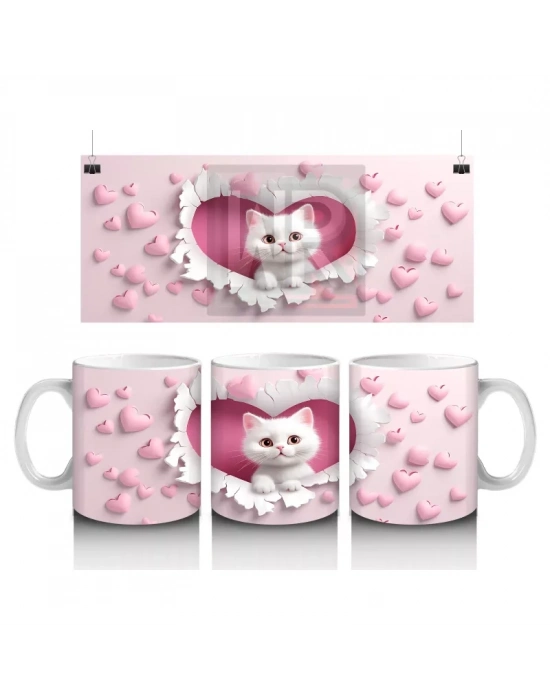 Kalp Desenli Fon Üzerinde Tatlı Beyaz Kedi – Baskılı Kahve Kupası