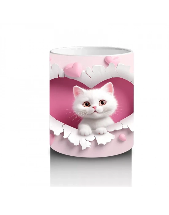 Kalp Desenli Fon Üzerinde Tatlı Beyaz Kedi – Baskılı Kahve Kupası