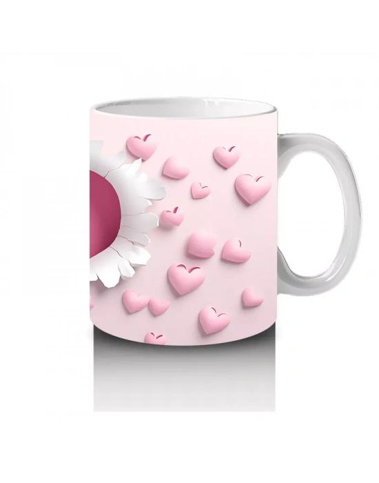 Kalp Desenli Fon Üzerinde Tatlı Beyaz Kedi – Baskılı Kahve Kupası