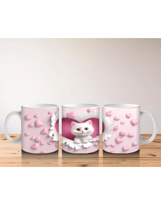 Kalp Desenli Fon Üzerinde Tatlı Beyaz Kedi – Baskılı Kahve Kupası
