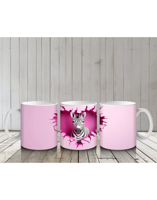 Kalp Desenli Pembe Arka Planda Zebra – Baskılı Kahve Kupası