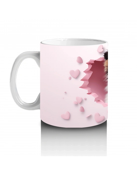 Kalp Desenli Pembe Fon Arasında Bakan Sevimli Köpek – Baskılı Kahve Kupası