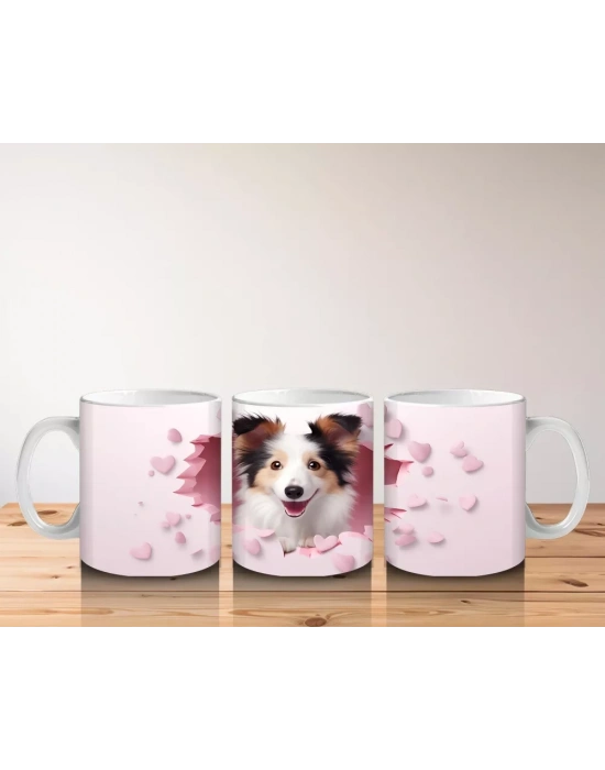 Kalp Desenli Pembe Fon Arasında Bakan Sevimli Köpek – Baskılı Kahve Kupası
