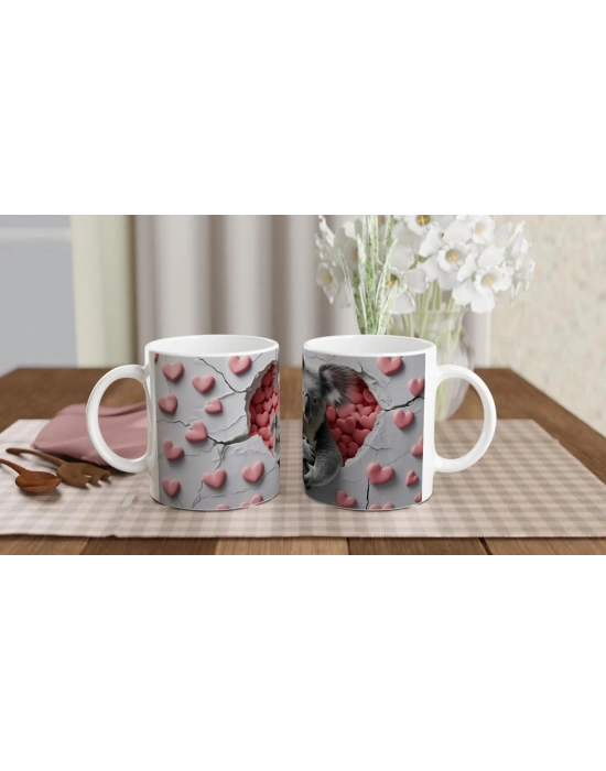 Kalp Dolu Sevgiyle Sarılmış Koala Temalı Baskılı Kupa Bardak