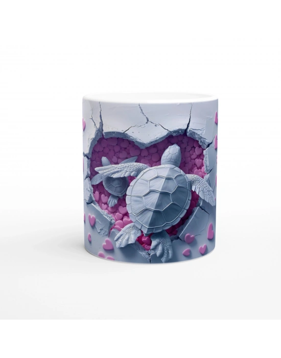 Kalp Dolu Zeminde Yüzen Aşık Kaplumbağalar Temalı Baskılı Kupa Bardak