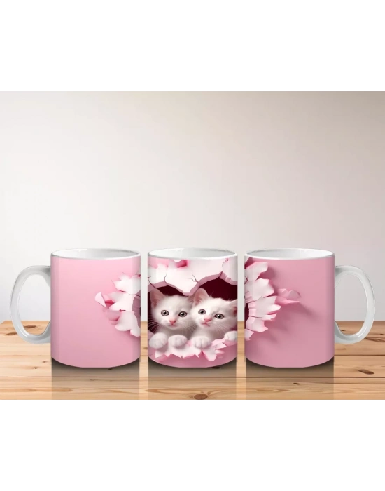 Kalp Duvarın Ardından Bakan İki Sevimli Kedi – Baskılı Kahve Kupası