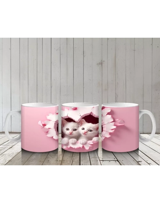 Kalp Duvarın Ardından Bakan İki Sevimli Kedi – Baskılı Kahve Kupası