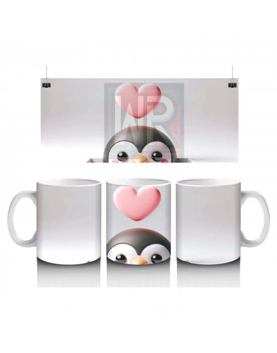 Kalp Figürlü Arka Plan Üzerinde Sevimli Penguen Yüzü - Baskılı kahve kupası