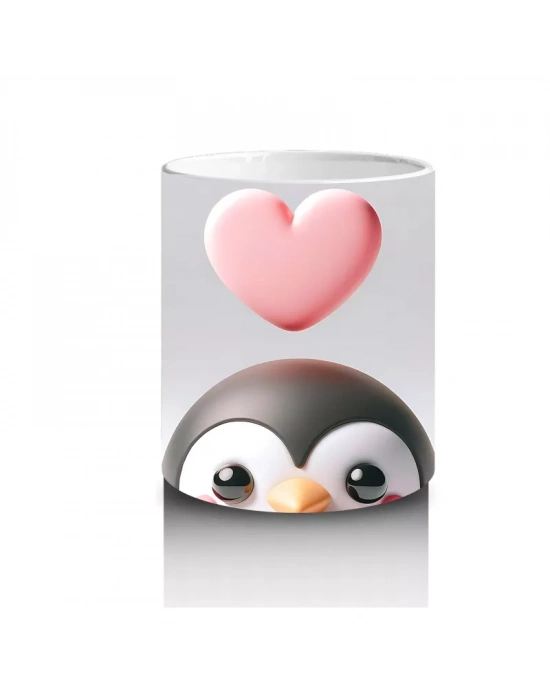 Kalp Figürlü Arka Plan Üzerinde Sevimli Penguen Yüzü - Baskılı kahve kupası