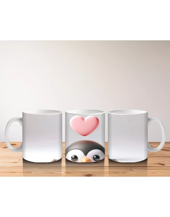 Kalp Figürlü Arka Plan Üzerinde Sevimli Penguen Yüzü - Baskılı kahve kupası