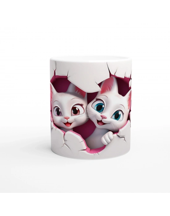 Kalp Figürlü Çatlak Duvardan Bakan Neşeli Kediler Temalı Baskılı Kupa Bardak