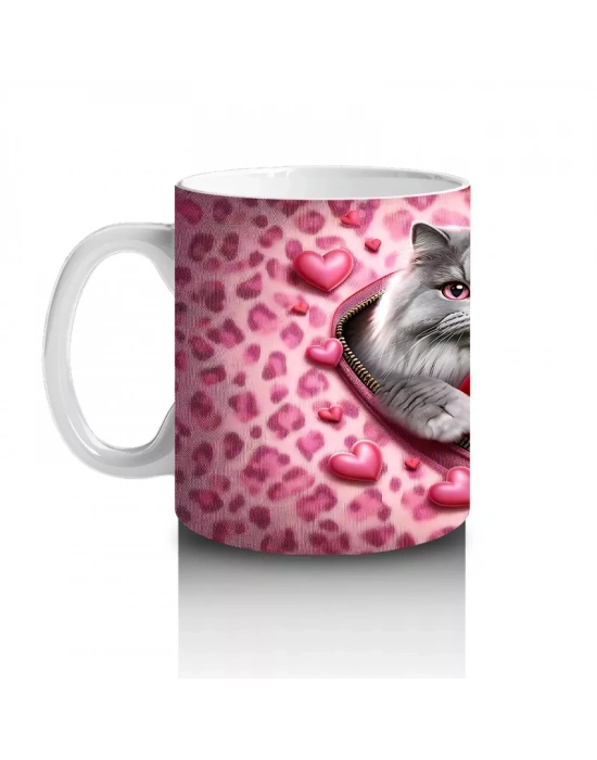 Kalp Figürü Tutan Leopar Desenli Sevimli Kedi Çifti - Baskılı kahve kupası