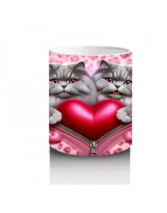 Kalp Figürü Tutan Leopar Desenli Sevimli Kedi Çifti - Baskılı kahve kupası