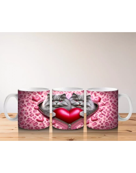 Kalp Figürü Tutan Leopar Desenli Sevimli Kedi Çifti - Baskılı kahve kupası