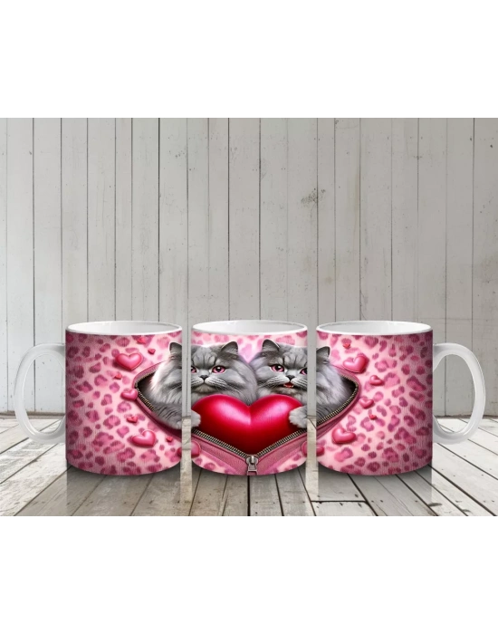 Kalp Figürü Tutan Leopar Desenli Sevimli Kedi Çifti - Baskılı kahve kupası