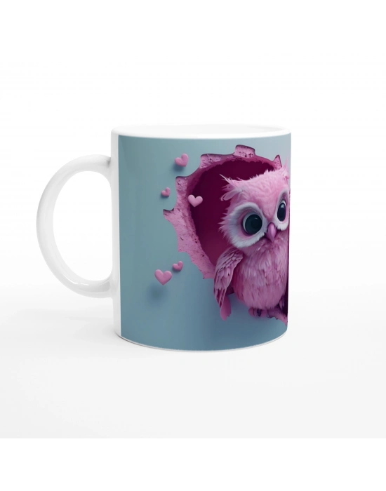 Kalp İçinden Bakan Aşık Pembe Baykuşlar Temalı Baskılı Kupa Bardak