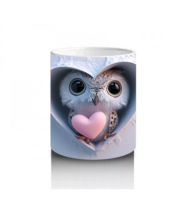 Kalp Oyukta Sarılmış Baykuş Figürü - Baskılı kahve kupası