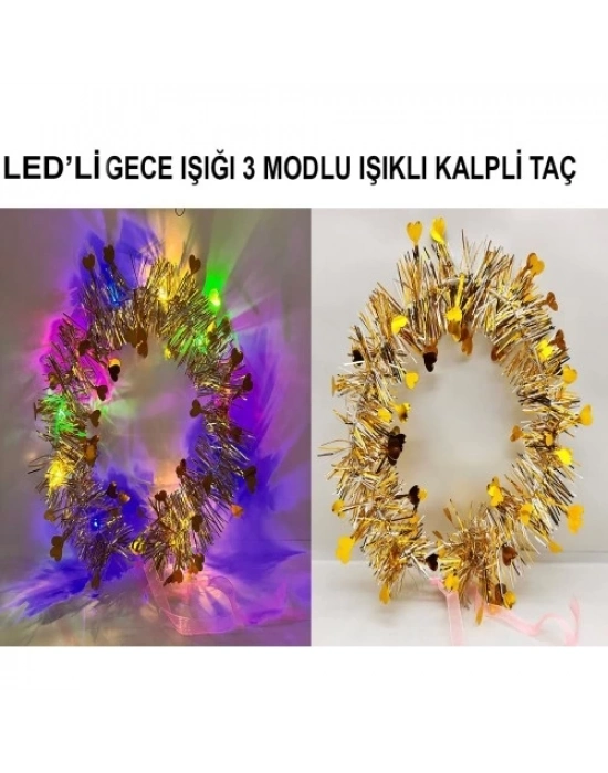 Kalp Püsküllü 3 Modlu LED Işıklı Taç Altın Renk
