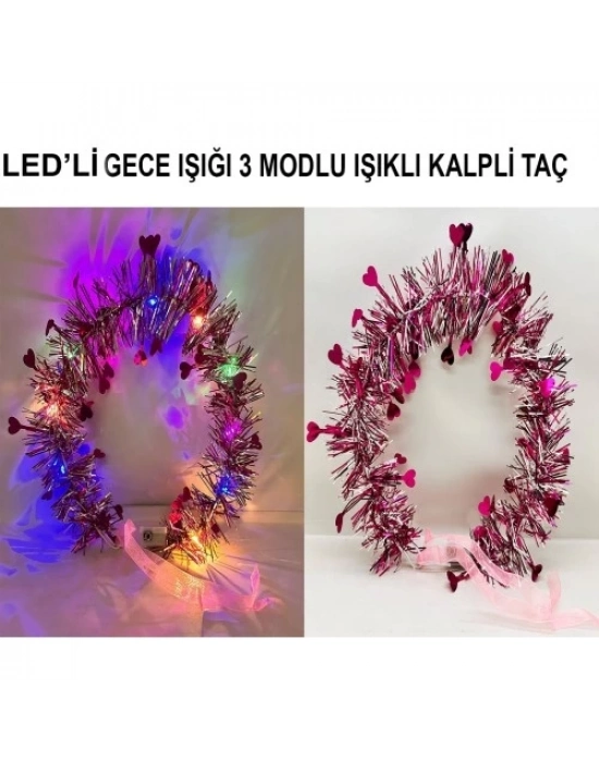 Kalp Püsküllü 3 Modlu LED Işıklı Taç Fuşya Renk