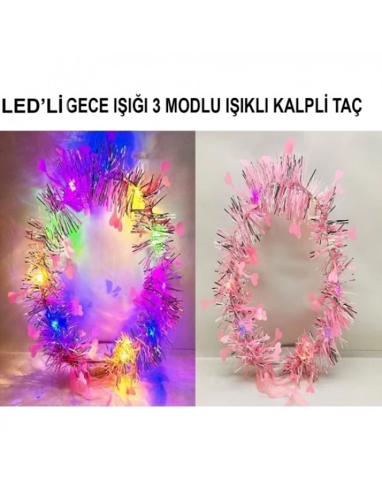 Kalp Püsküllü 3 Modlu LED Işıklı Taç Pembe Renk