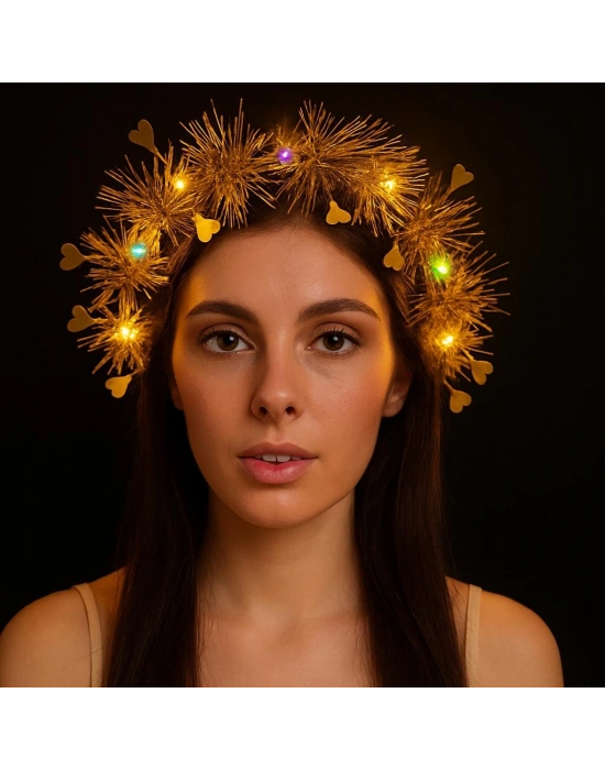 Kalp Püsküllü Gece Parıltısı 3 Modlu Led'li Işıklı Taç Altın Renk
