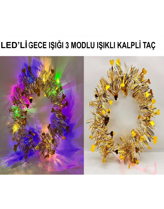 Kalp Püsküllü Gece Parıltısı 3 Modlu Led'li Işıklı Taç Altın Renk