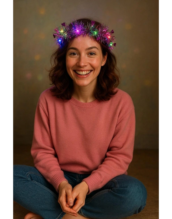 Kalp Püsküllü Gece Parıltısı 3 Modlu Led'li Işıklı Taç Fuşya Renk